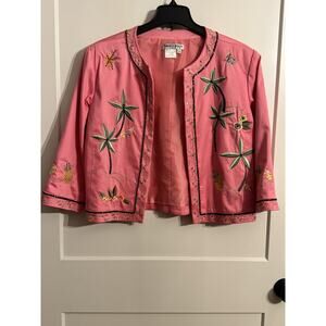 Nancy Bolen Jacket Sz 12 Pink Embroidered Palm Tree Beaded Sequin Tropical